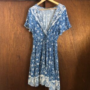 SHEIN Blue Paisley-Print V-Neck Midi Dress